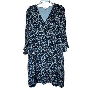 Garnet Hill Dress XL Crepe Floral Print 3/4 Sleeve Flowy Loose Fit Midi Blue